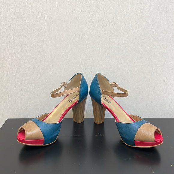 Le Style open toe strap leather heels 6.5 platform pink blue nude summer shoe - Picture 3 of 11
